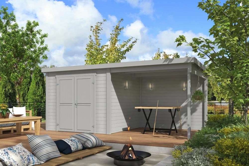 Outdoor Life Blokhut Lars met Overkapping platinum grey 500 x 250 cm - Afbeelding 1